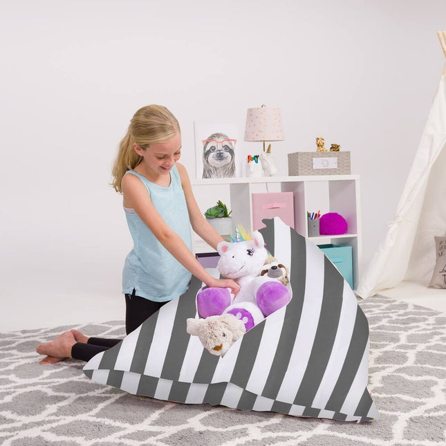 200L Stuffie Animal Storage Bean Bag Chair Cover - Gray & White Canvas Stripes