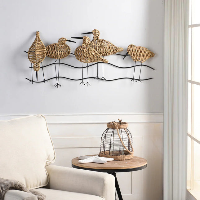 Flock of Birds Wall Art – Natural Woven Seagrass with Black Metal