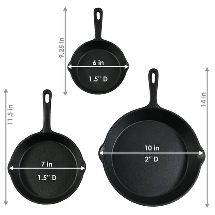 3 Piece Cast Iron Skillet Set Pre Seasoned Frying Pans Heavy Duty Cookware