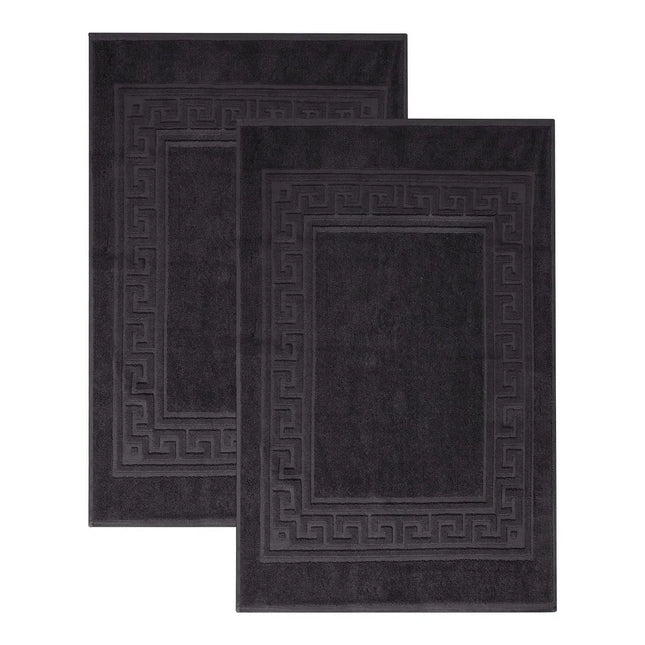 100% Cotton Bath Mat Set of 2 Thick Absorbent Towel-Style Mats Greek Key Black