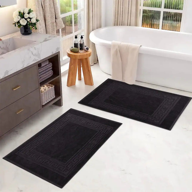 100% Cotton Bath Mat Set of 2 Thick Absorbent Towel-Style Mats Greek Key Black