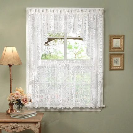 White Floral Lace Swag Tier and Valance Curtains for Kitchen Windows