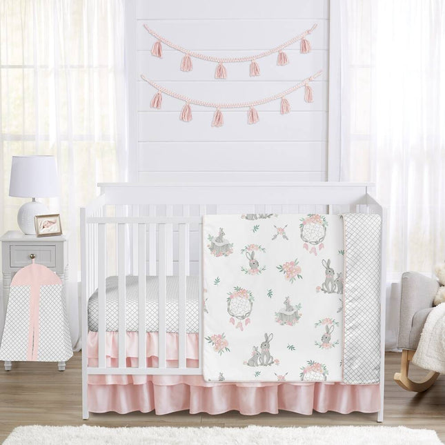 Blush Pink Grey Boho Nursery Crib Bedding Set with Bunny Floral Design 4pc