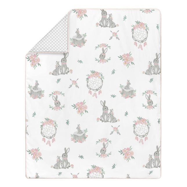 Blush Pink Grey Boho Nursery Crib Bedding Set with Bunny Floral Design 4pc