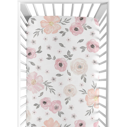Blush Pink, Grey & White Watercolor Floral Crib Sheet – Fitted & Soft