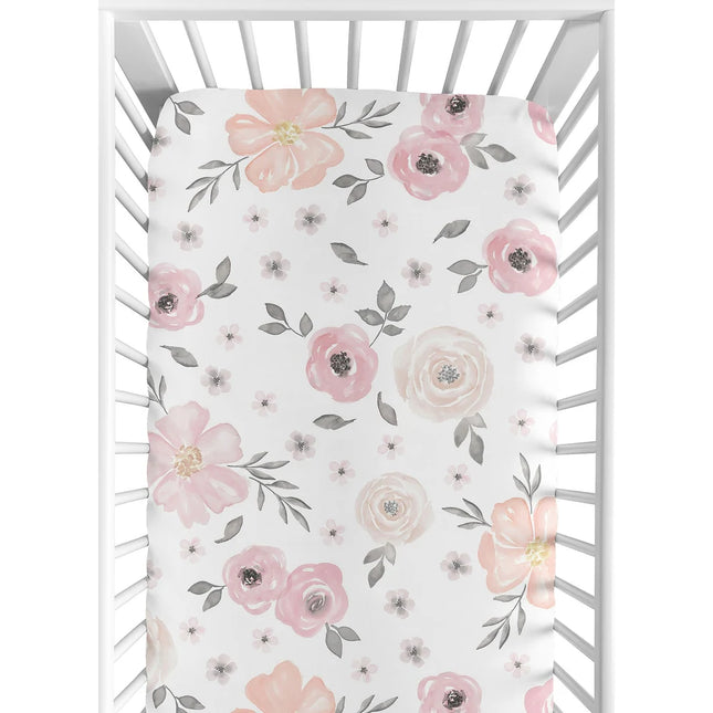 Blush Pink, Grey & White Watercolor Floral Crib Sheet – Fitted & Soft