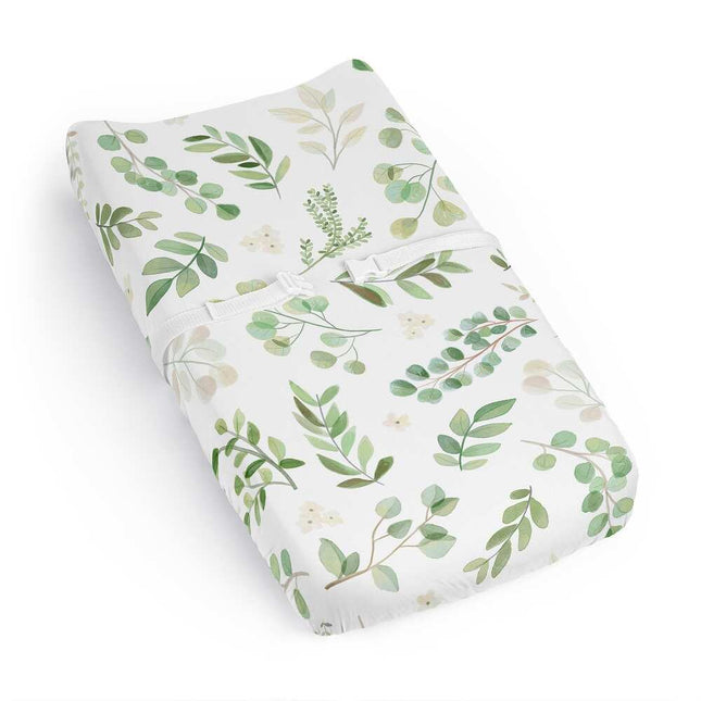 Green Boho Floral Changing Pad Cover – Gender Neutral, White Botanical