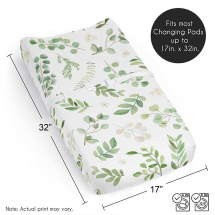 Green Boho Floral Changing Pad Cover – Gender Neutral, White Botanical