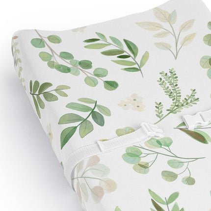 Green Boho Floral Changing Pad Cover – Gender Neutral, White Botanical
