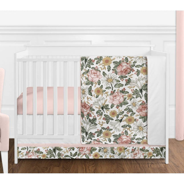 Vintage Floral Boho Girl 4pc Crib Bedding Set Blush Pink Shabby Chic Nursery
