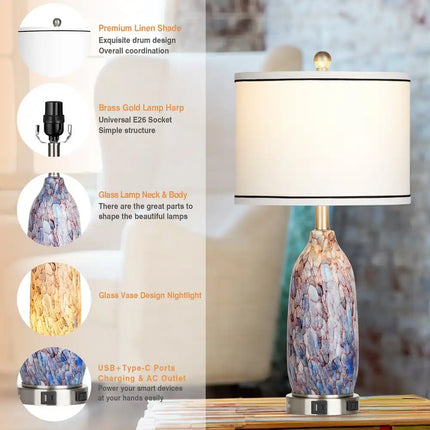 25 Inch Coastal Bedside Table Lamps with 3 Way Touch Dimming and USB Charging