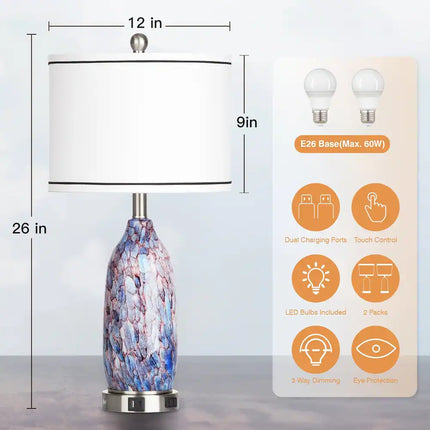 25 Inch Coastal Bedside Table Lamps with 3 Way Touch Dimming and USB Charging