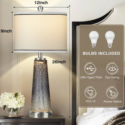 2 Pack White Gold Table Lamps 26 Inch USB Charging Night Light Bedroom Lamp