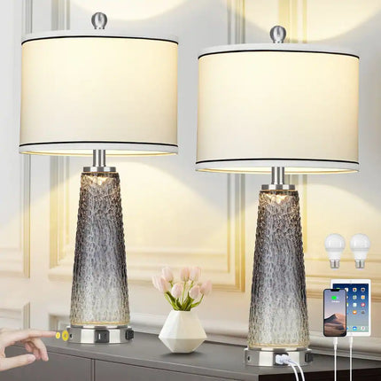 2 Pack White Gold Table Lamps 26 Inch USB Charging Night Light Bedroom Lamp