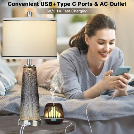 2 Pack White Gold Table Lamps 26 Inch USB Charging Night Light Bedroom Lamp