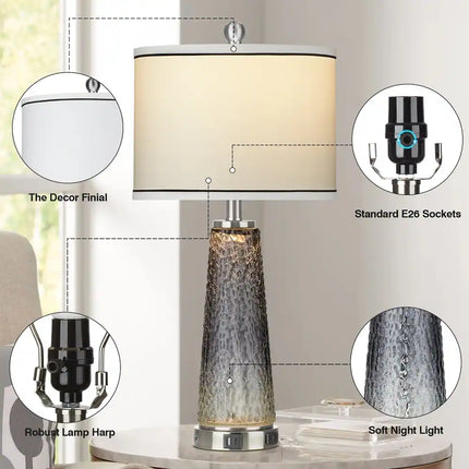 2 Pack White Gold Table Lamps 26 Inch USB Charging Night Light Bedroom Lamp