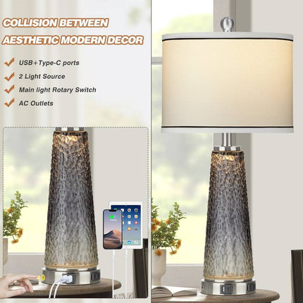 2 Pack White Gold Table Lamps 26 Inch USB Charging Night Light Bedroom Lamp