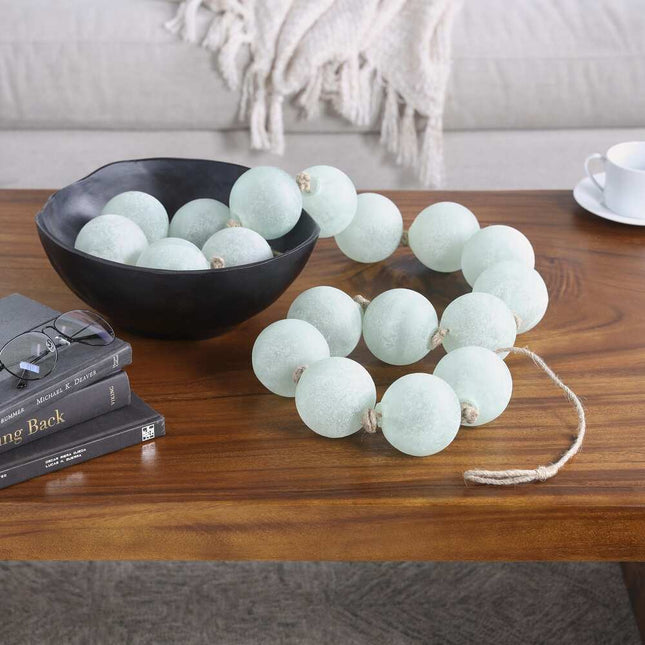 Handmade Teal Glass Beaded Garland – Frosted Orbs with Tassel & Jute Rope