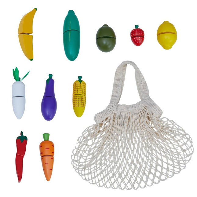 Little Chef Frankfurt Wooden Cutting Food Play Set with Net Storage Bag