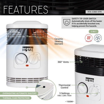 360 Degree Ceramic Space Heater for Home – Adjustable Thermostat Control