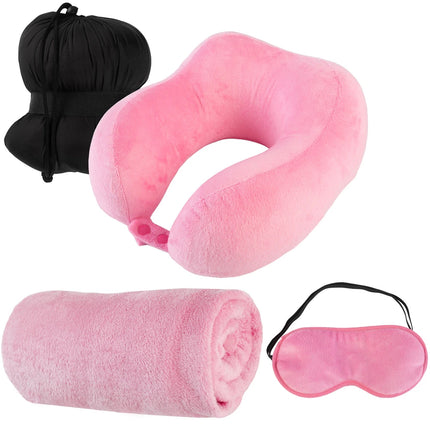 Travel Comfort Set with Neck Pillow, Cozy Blanket, and Sleep Eye Mask