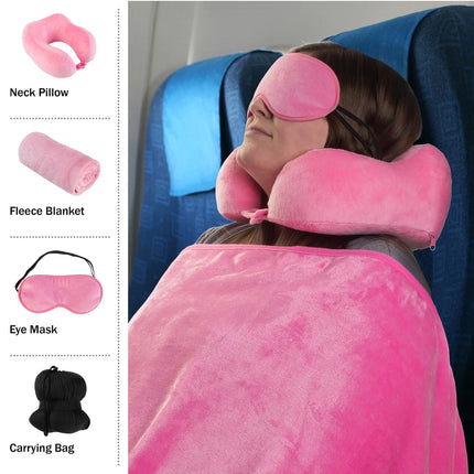 Travel Comfort Set with Neck Pillow, Cozy Blanket, and Sleep Eye Mask