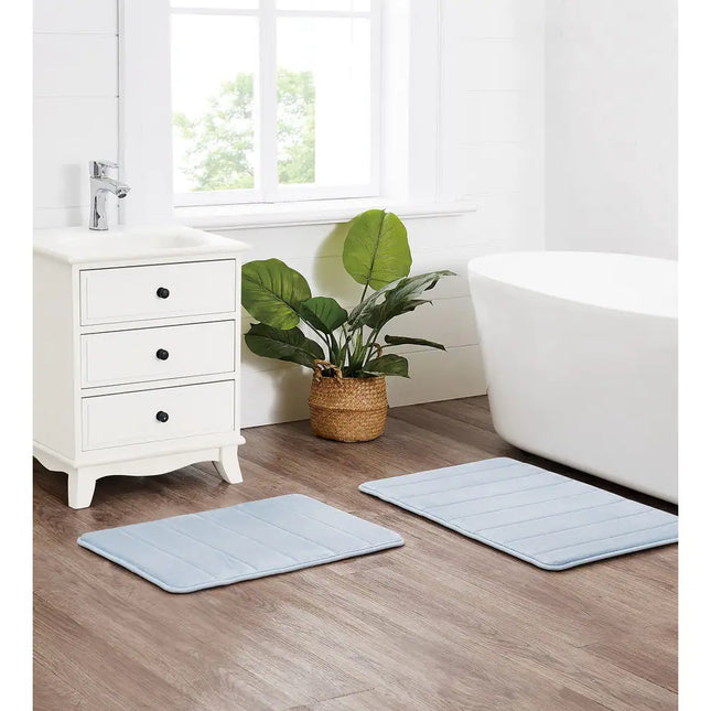 2 Pack Blue Memory Foam Bath Rugs 17x24 Inch Soft Absorbent Bathroom Mats