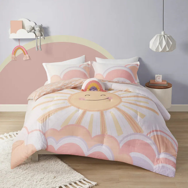 Kids Dawn Yellow Coral Sunshine Printed Reversible Comforter Set Bedding