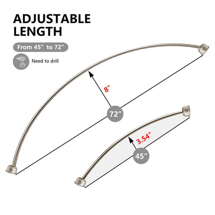 Wall-Mounted Aluminum Shower Rod – Curved, Rustproof, 45"-72", Brushed Nickel