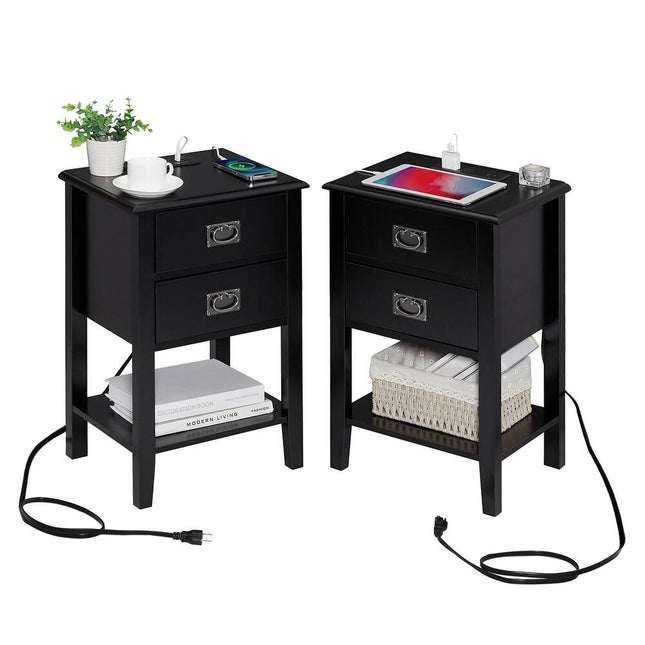 Mid Century Modern Nightstand Set of 2 with Charging Station USB Ports & AC Outlets