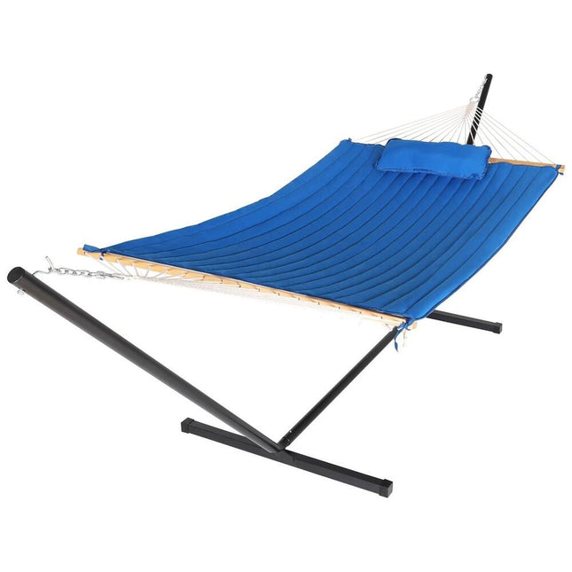 12 ft Quilted Camping Hammock with Stand and Detachable Pillow for 2 Person Use
