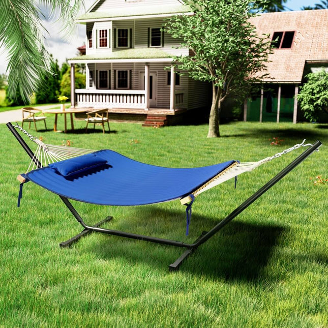 12 ft Quilted Camping Hammock with Stand and Detachable Pillow for 2 Person Use