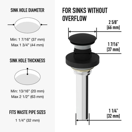 1.75" Vessel Bathroom Sink Pop-Up Drain with Mounting Ring Matte Black