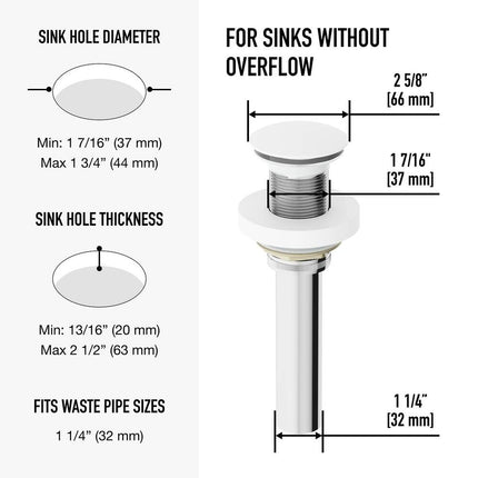 Matte White Vessel Bathroom Sink Pop Up Drain 1.75 Inch with Mount Ring