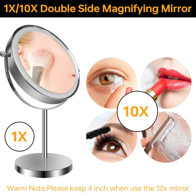 Tabletop Makeup Mirror – 1/10x Magnification, LED, Chrome Finish