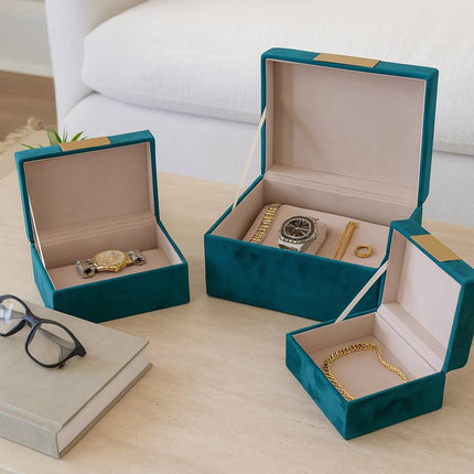 Velvet Jewelry Box Set Blue Hinged Lid Storage Case 9x7x5 for Rings & More