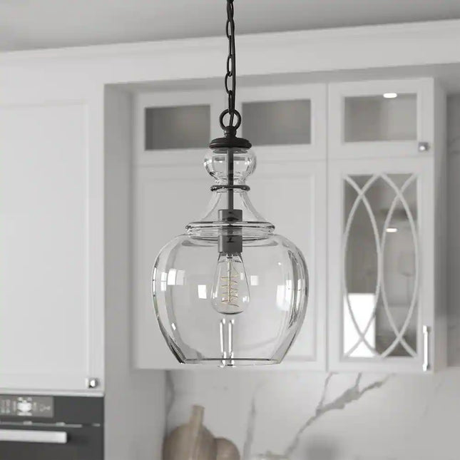 Verona 11-Inch Pendant Light Blackened Bronze with Clear Glass Shade Ceiling Fixture