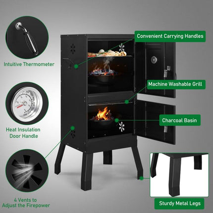 Vertical Charcoal Smoker Grill with Double Doors for BBQ Camping and Outdoor Cooking