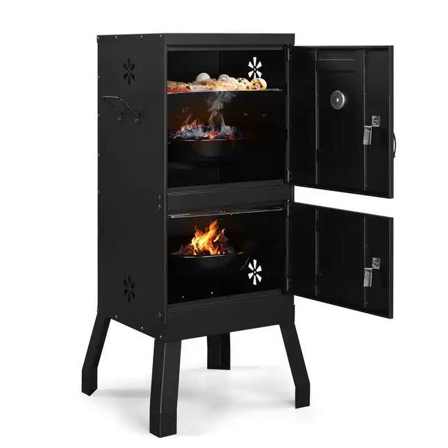 Vertical Charcoal Smoker Grill with Double Doors for BBQ Camping and Outdoor Cooking