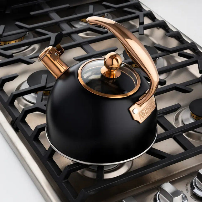 2.6Qt Whistling Tea Kettle Black Copper Stove Top Stainless Steel