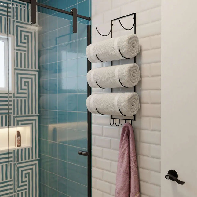 Boto 33" Rustic Black Towel Rack – 4-Section Bathroom Organizer