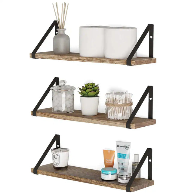 Ponza Wood Floating Shelves Set of 3 Natural Burned Bathroom Storage Shelf