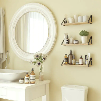Ponza Wood Floating Shelves Set of 3 Natural Burned Bathroom Storage Shelf