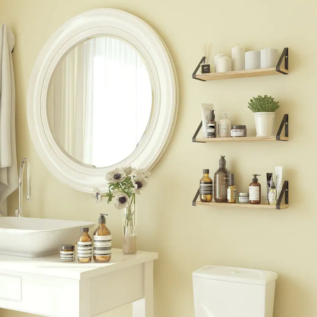 Ponza Wood Floating Shelves Set of 3 Natural Burned Bathroom Storage Shelf
