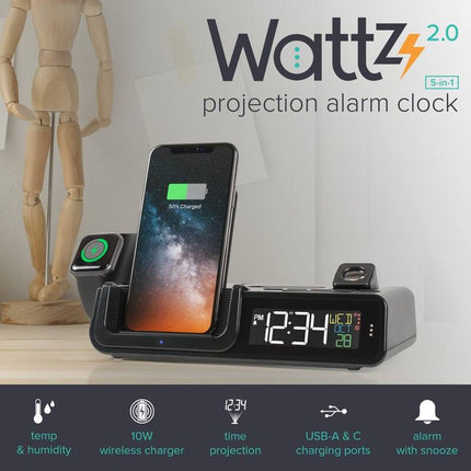 Wattz 2.0 10W Wireless Charger Alarm Clock with Projection & Docking Station