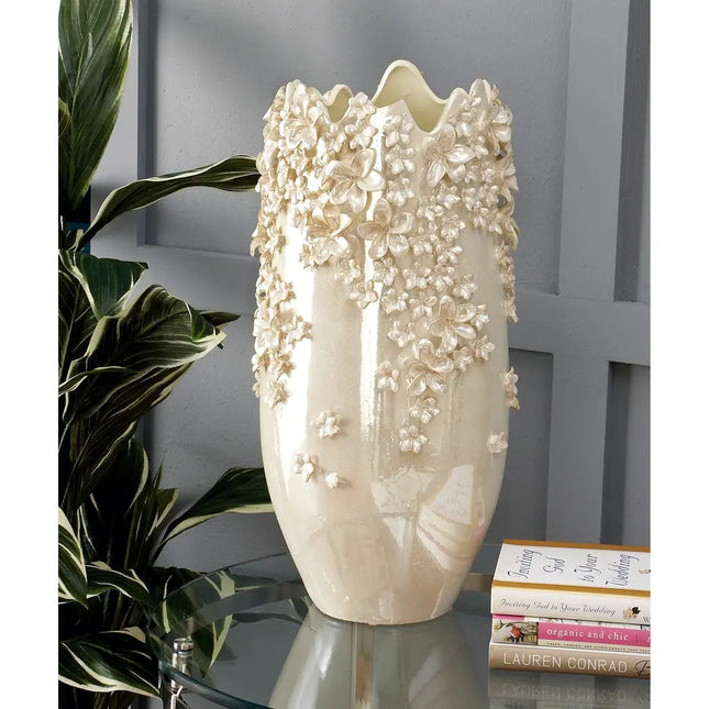Cream Ceramic 3D Floral Decorative Vase with Iridescent Glaze Finish