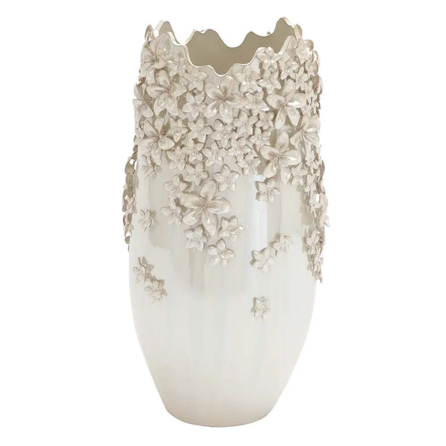 Cream Ceramic 3D Floral Decorative Vase with Iridescent Glaze Finish