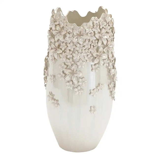 Cream Ceramic Floral Vase with 3D Flower Design and Iridescent Glaze Home Decor