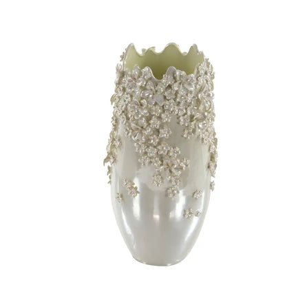 Cream Ceramic 3D Floral Decorative Vase with Iridescent Glaze Finish