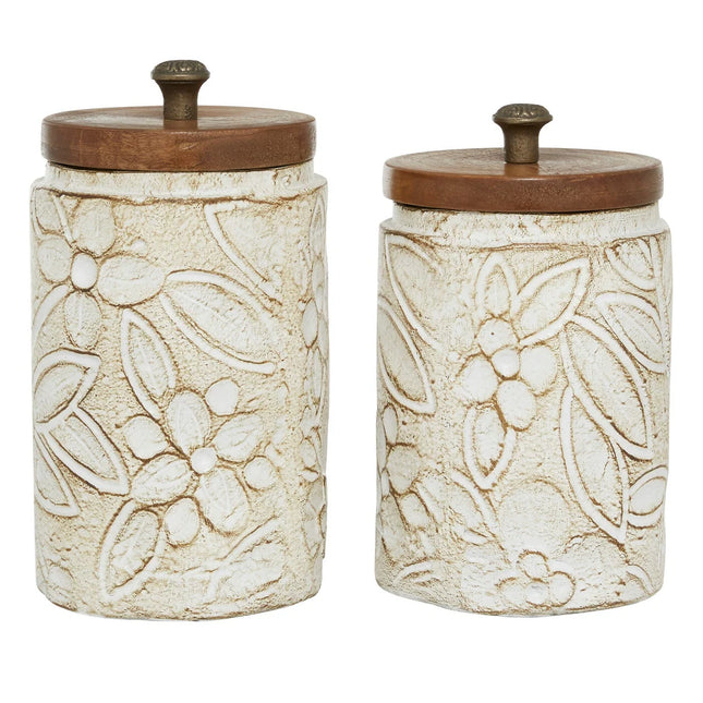 White Ceramic Decorative Jars (Set of 2) – Handmade with Wood Lids